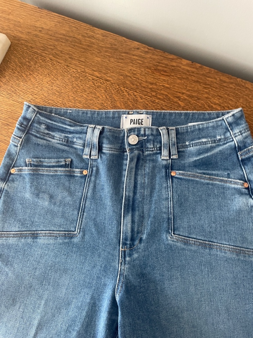 PAIGE High-Rise Light Blue Denim Jeans with Front Patch Pockets